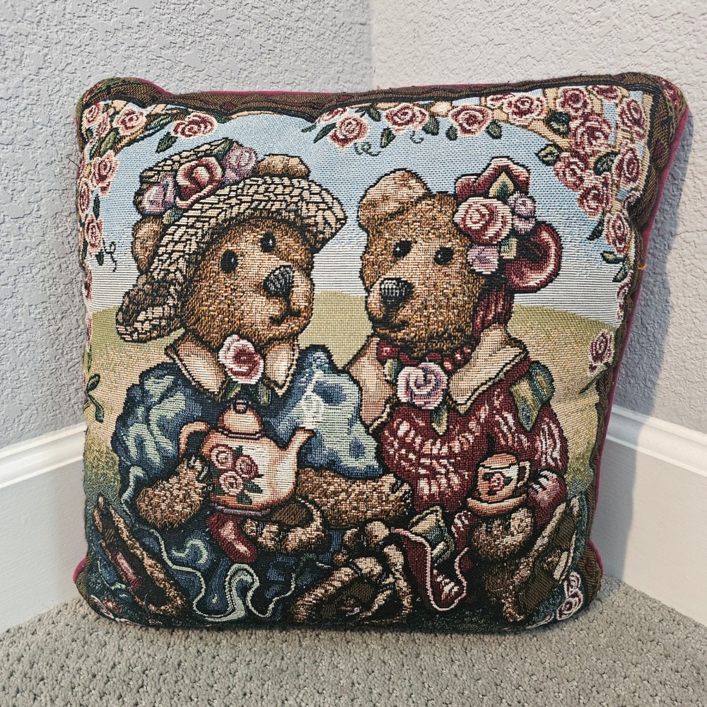 Vintage Boyds Bears & Friends Tea Party Woven Tapestry Throw Pillow 15x15 Rose‎